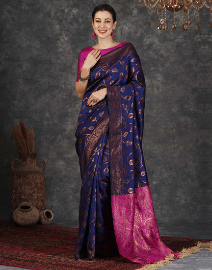 Blue And Pink Banarasi Silk Woven Saree With Tassels