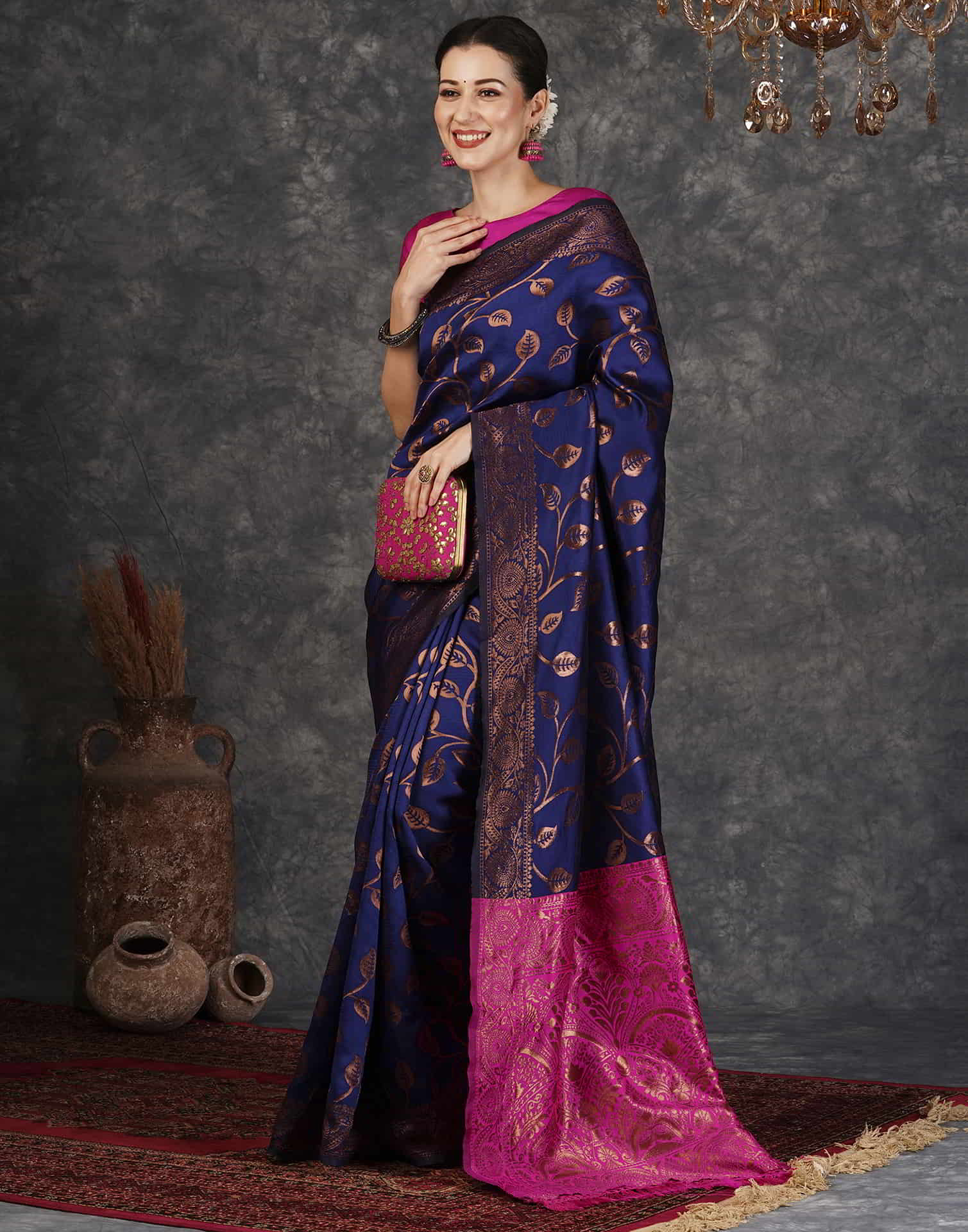 Blue And Pink Banarasi Silk Woven Saree With Tassels