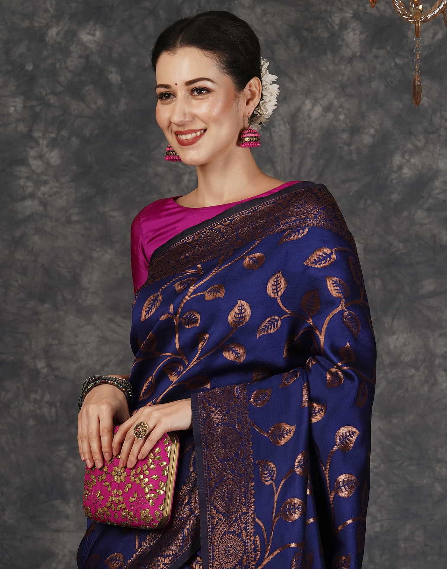 Blue And Pink Banarasi Silk Woven Saree With Tassels