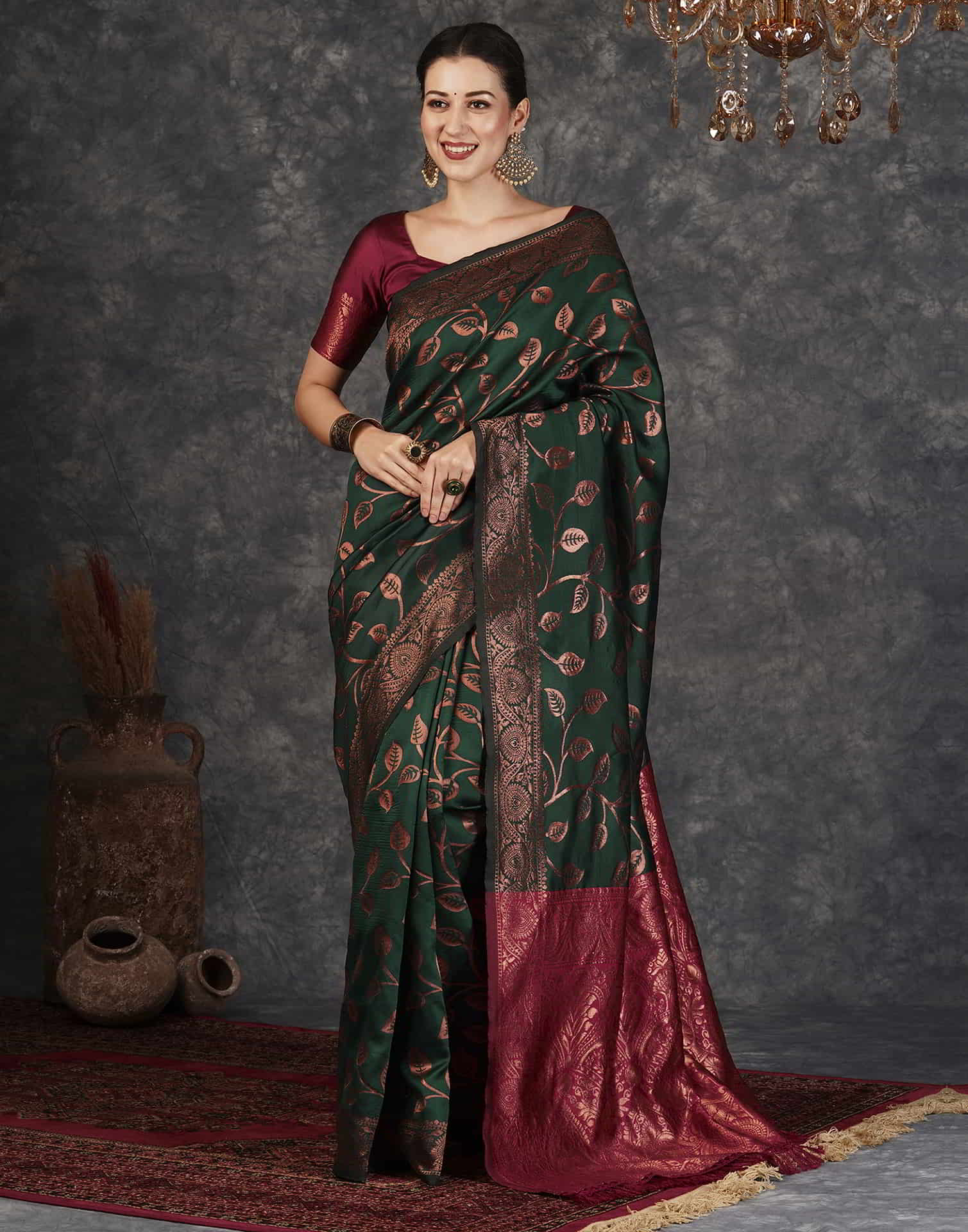 Dark Green Banarasi Silk Woven Saree With Tassels