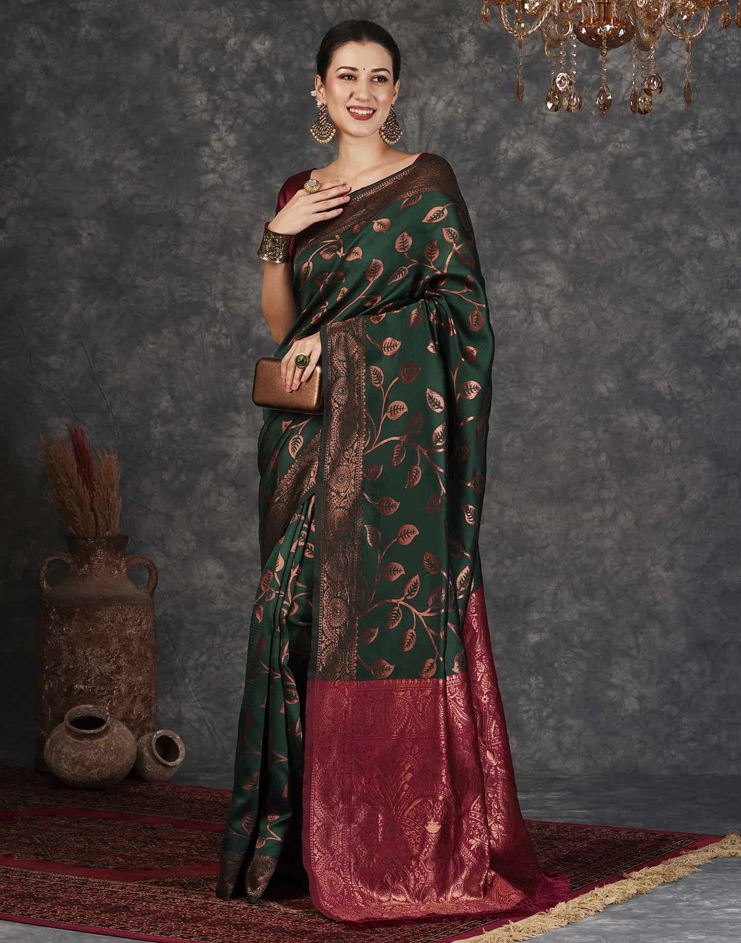 Dark Green Banarasi Silk Woven Saree With Tassels