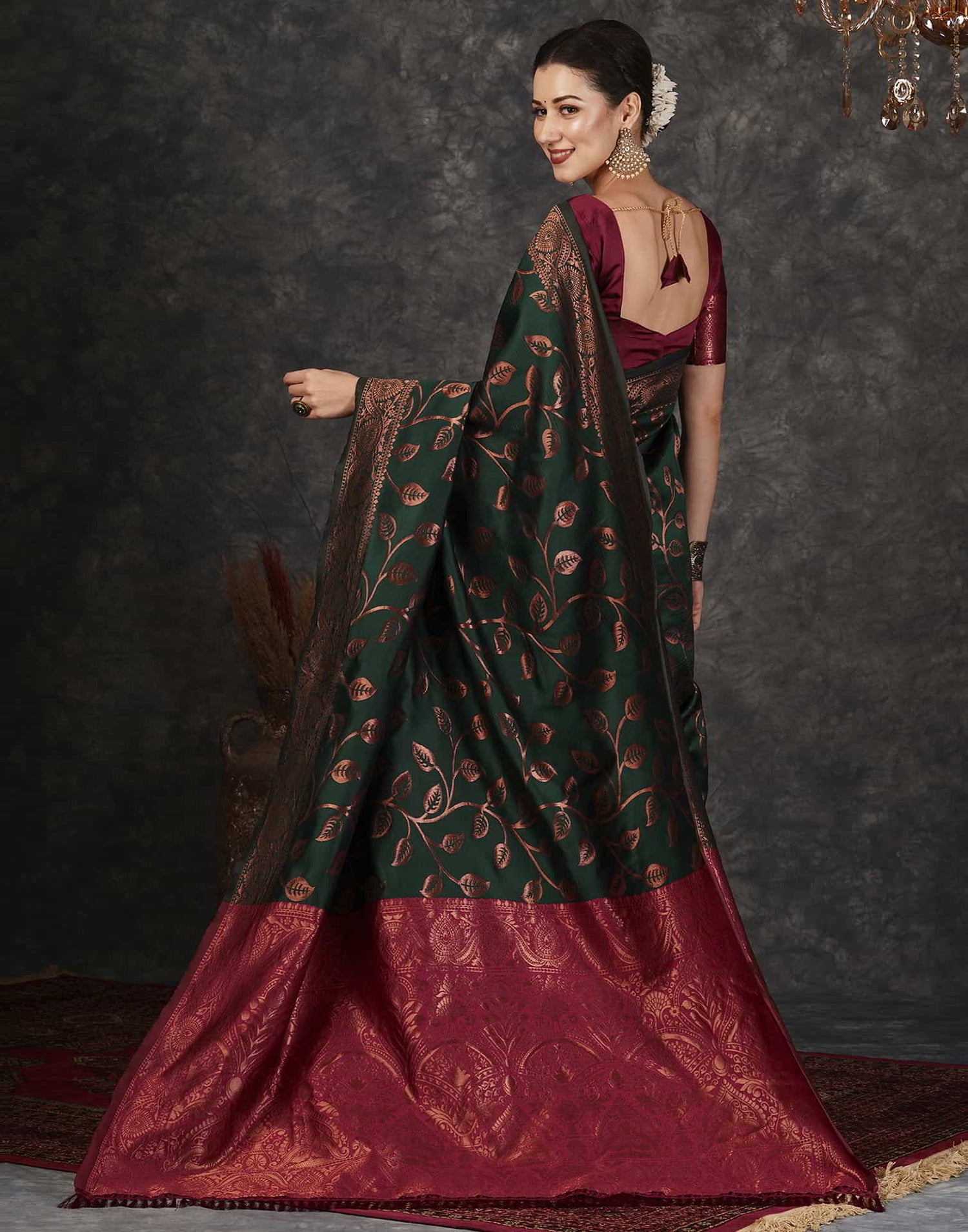 Dark Green Banarasi Silk Woven Saree With Tassels