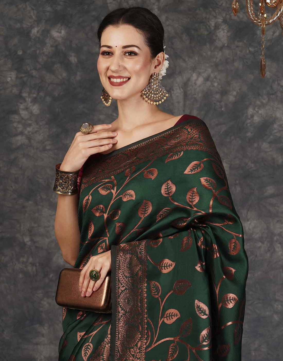 Dark Green Banarasi Silk Woven Saree With Tassels