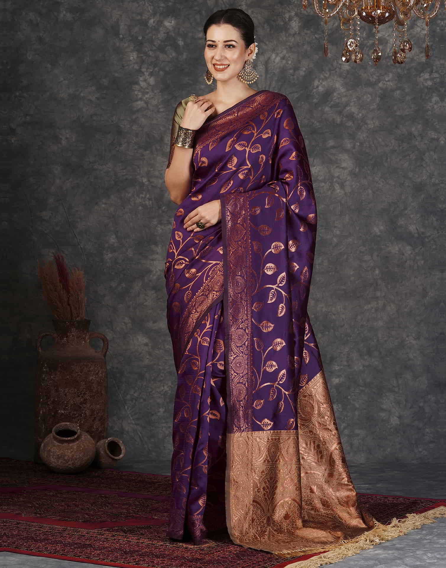 Purple Banarasi Silk Woven Saree With Tassels