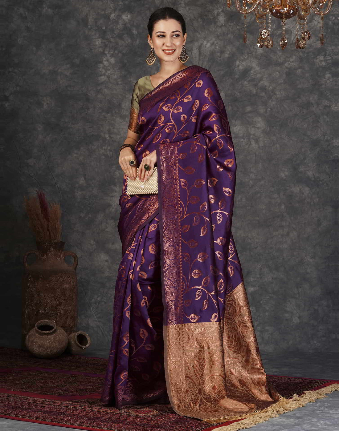 Purple Banarasi Silk Woven Saree With Tassels