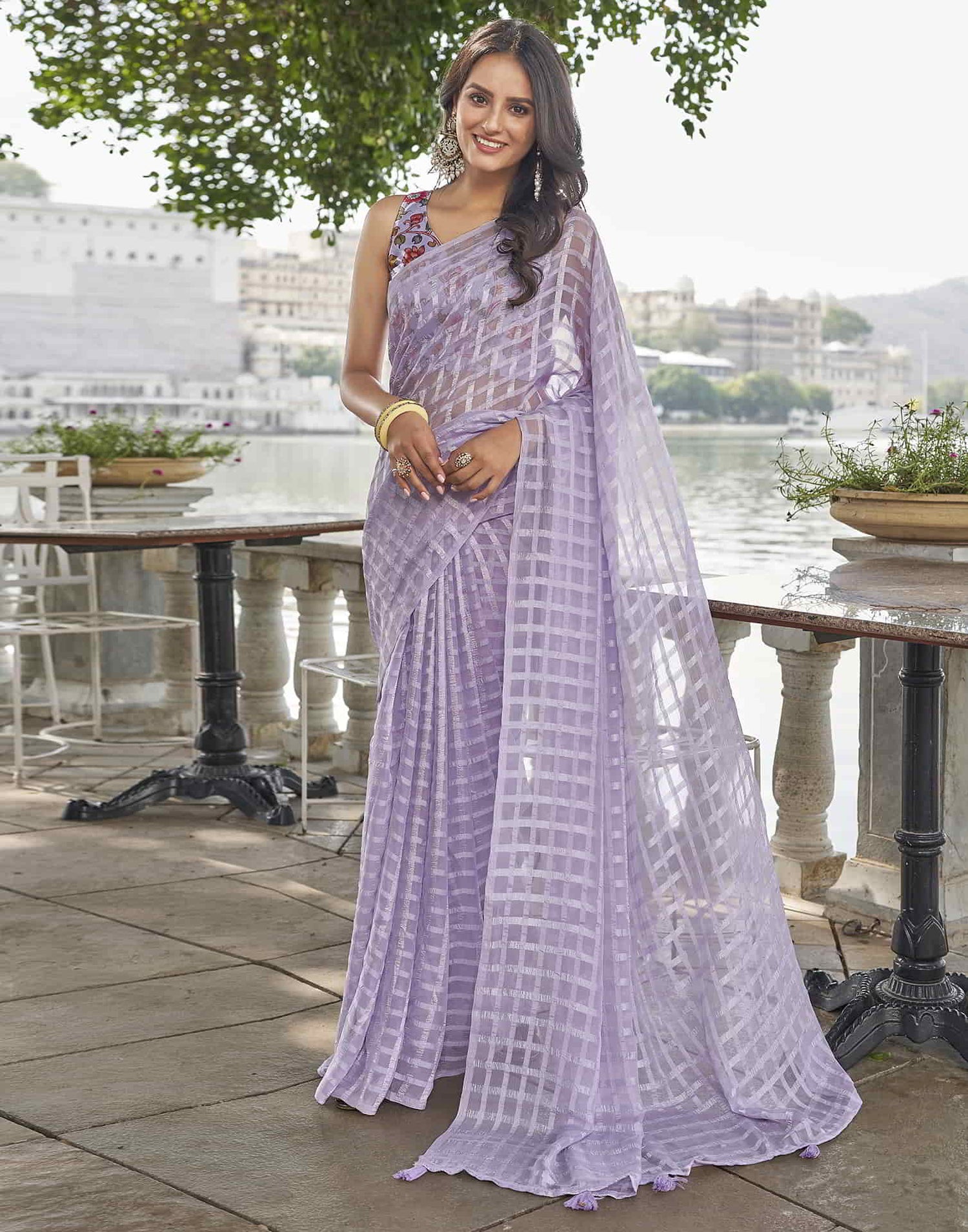 Lavender Checkered Chiffon Woven Saree