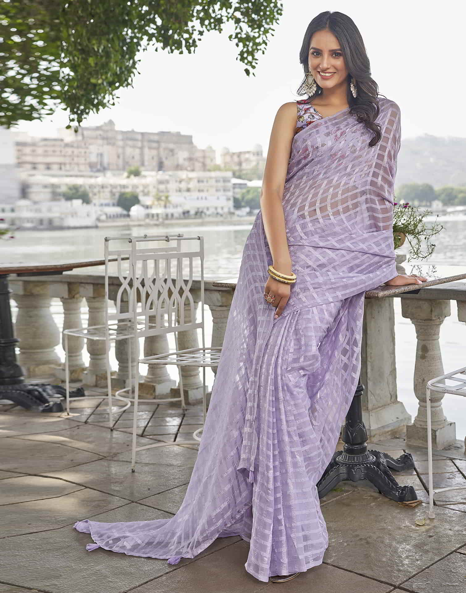 Lavender Checkered Chiffon Woven Saree