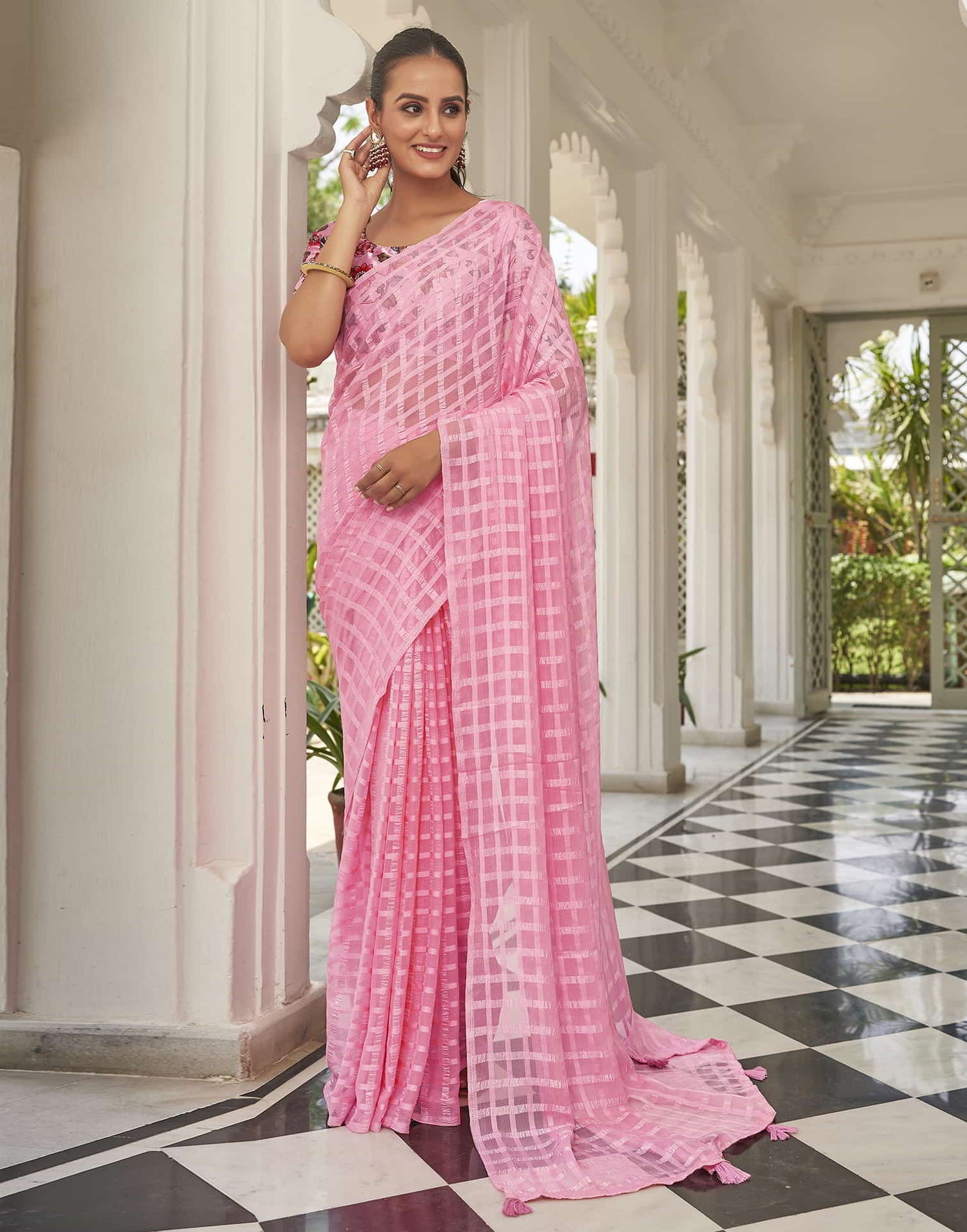 Pink Checkered Chiffon Woven Saree