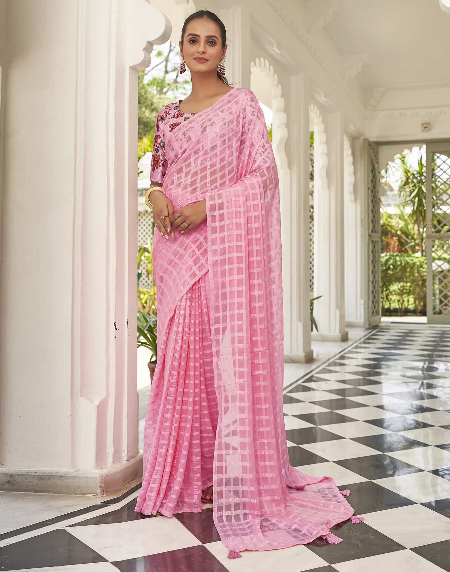 Pink Checkered Chiffon Woven Saree