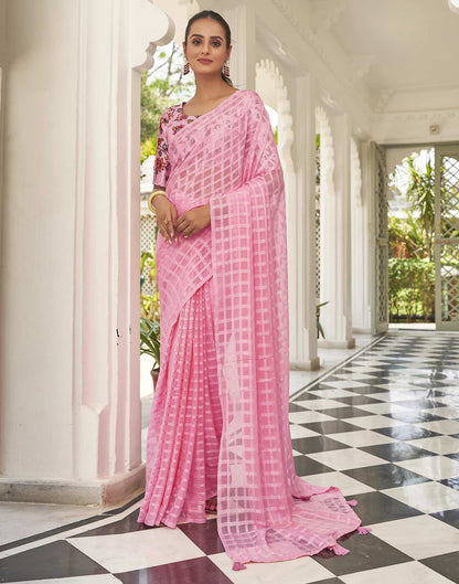 Pink Checkered Chiffon Woven Saree