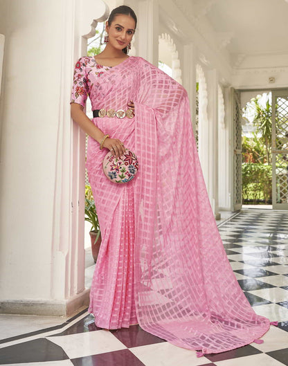 Pink Checkered Chiffon Woven Saree