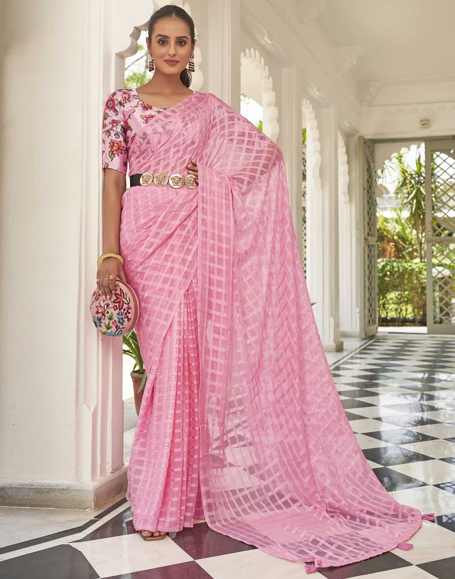 Pink Checkered Chiffon Woven Saree