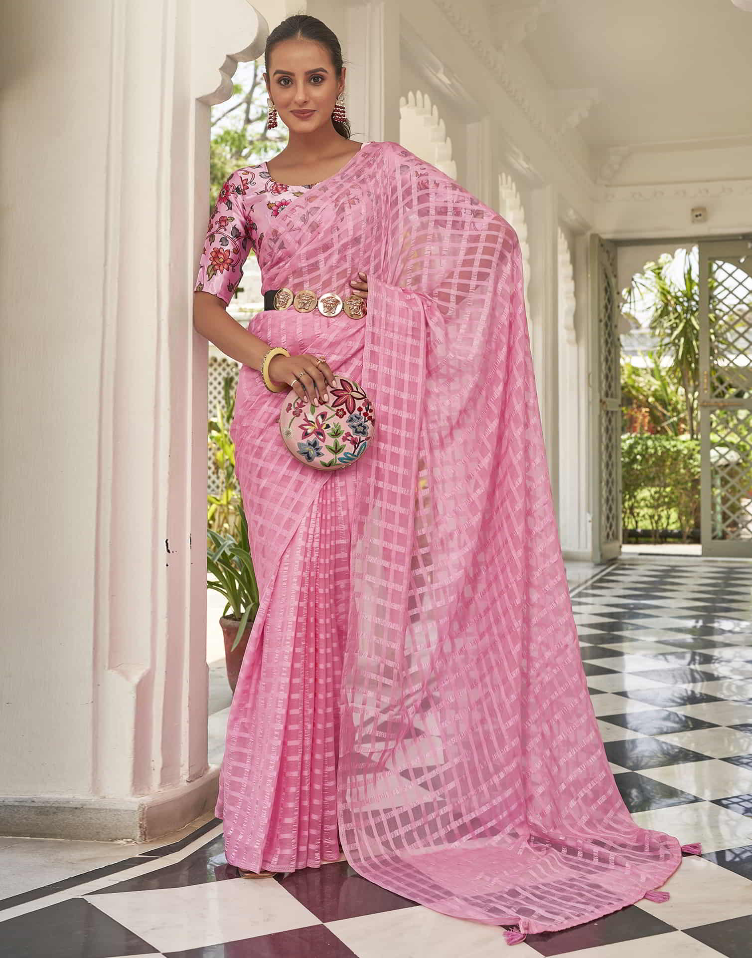 Pink Checkered Chiffon Woven Saree