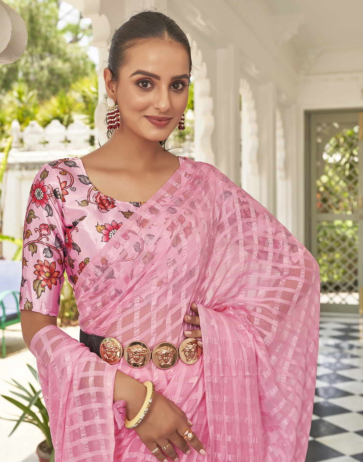 Pink Checkered Chiffon Woven Saree