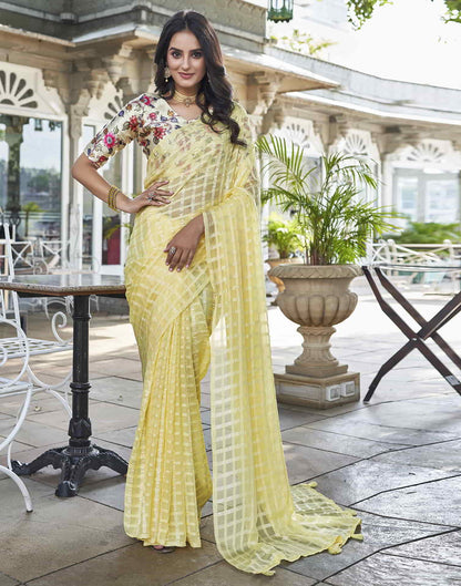 Yellow Checkered Chiffon Woven Saree