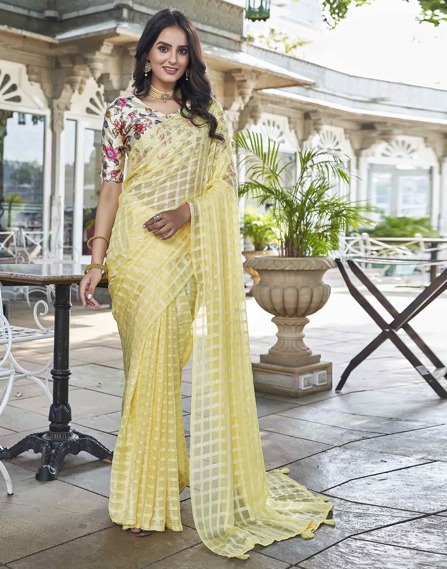 Yellow Checkered Chiffon Woven Saree