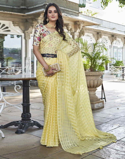 Yellow Checkered Chiffon Woven Saree