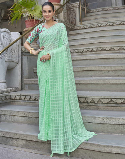 Turquoise Checkered Chiffon Woven Saree