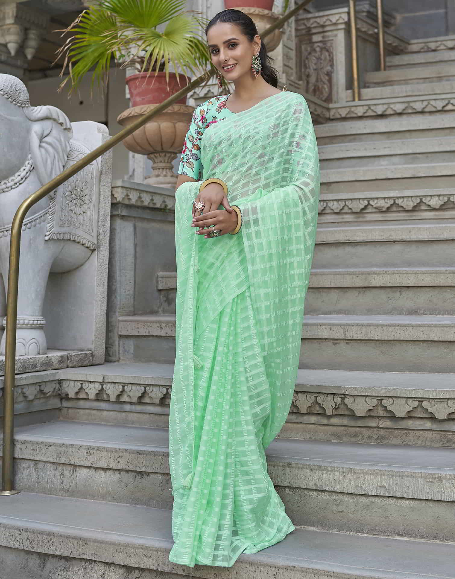 Turquoise Checkered Chiffon Woven Saree