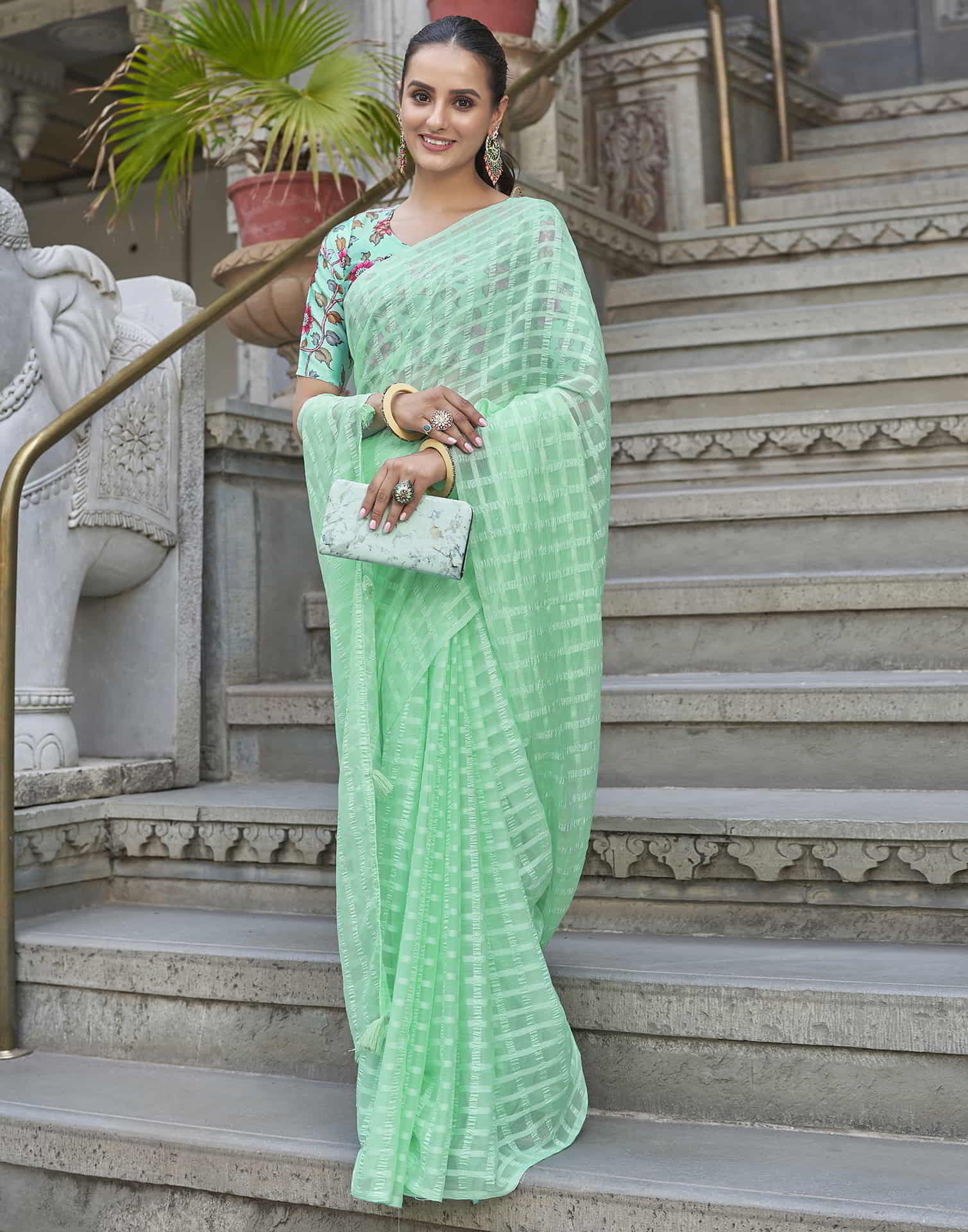 Turquoise Checkered Chiffon Woven Saree