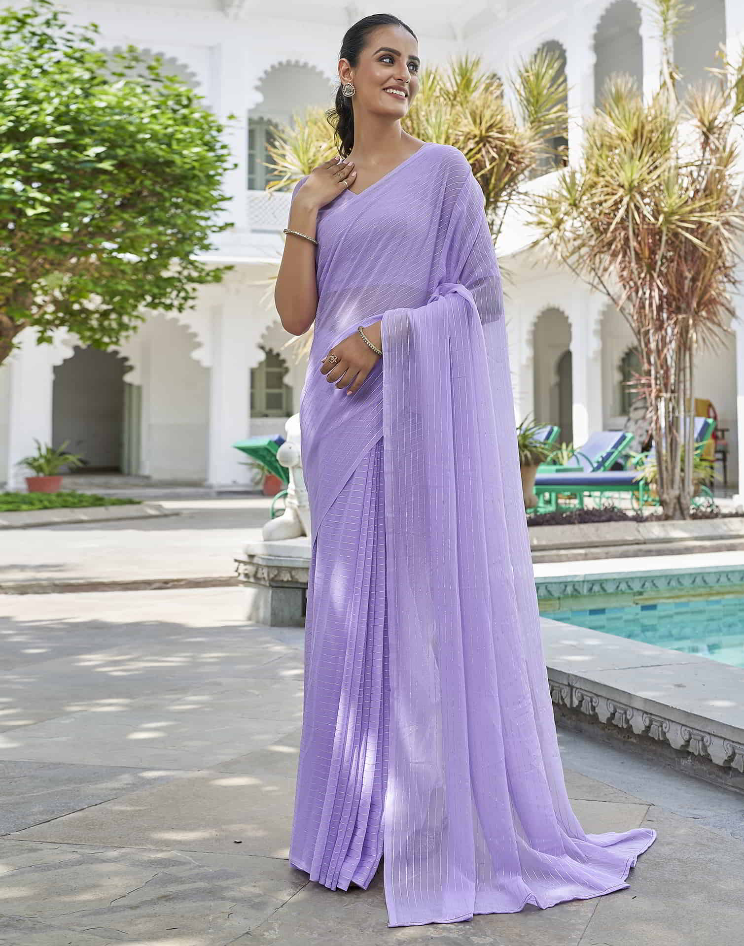 Lavender Leheriya Georgette Plain Saree