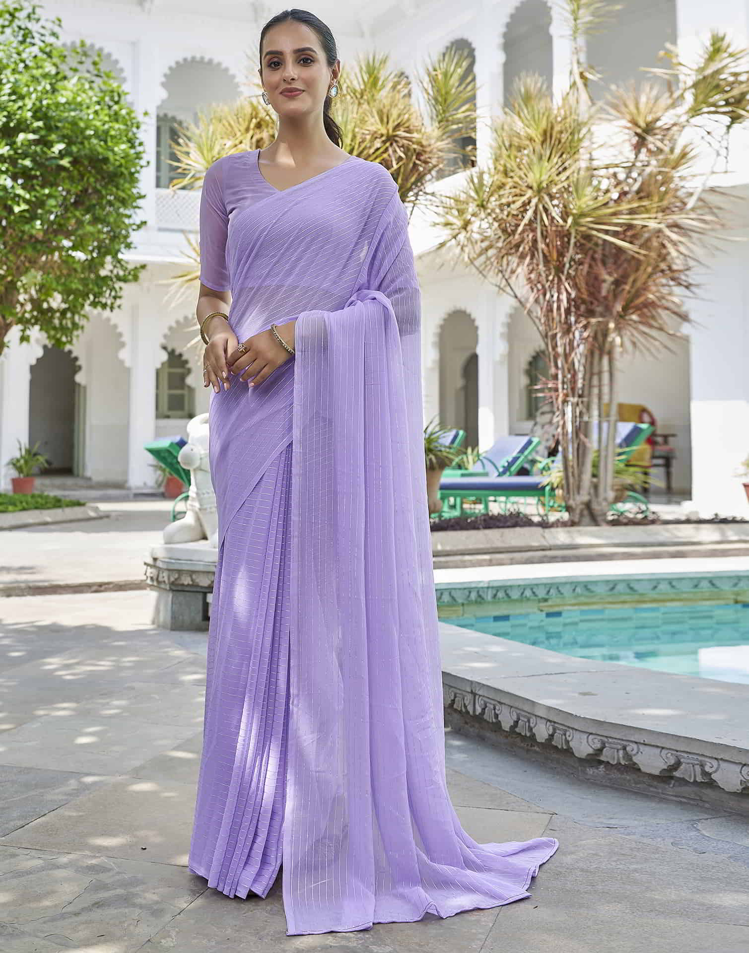 Lavender Leheriya Georgette Plain Saree