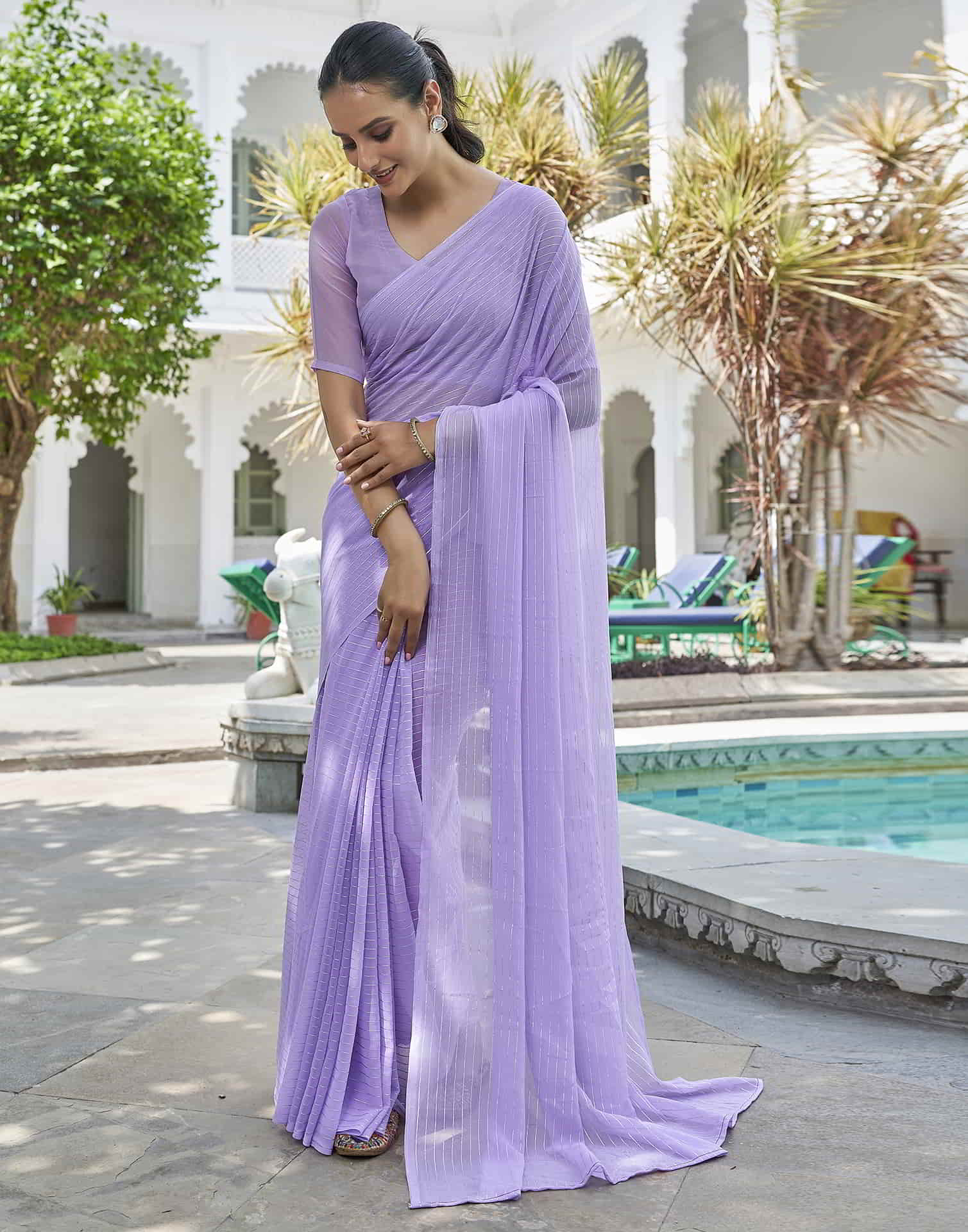 Lavender Leheriya Georgette Plain Saree