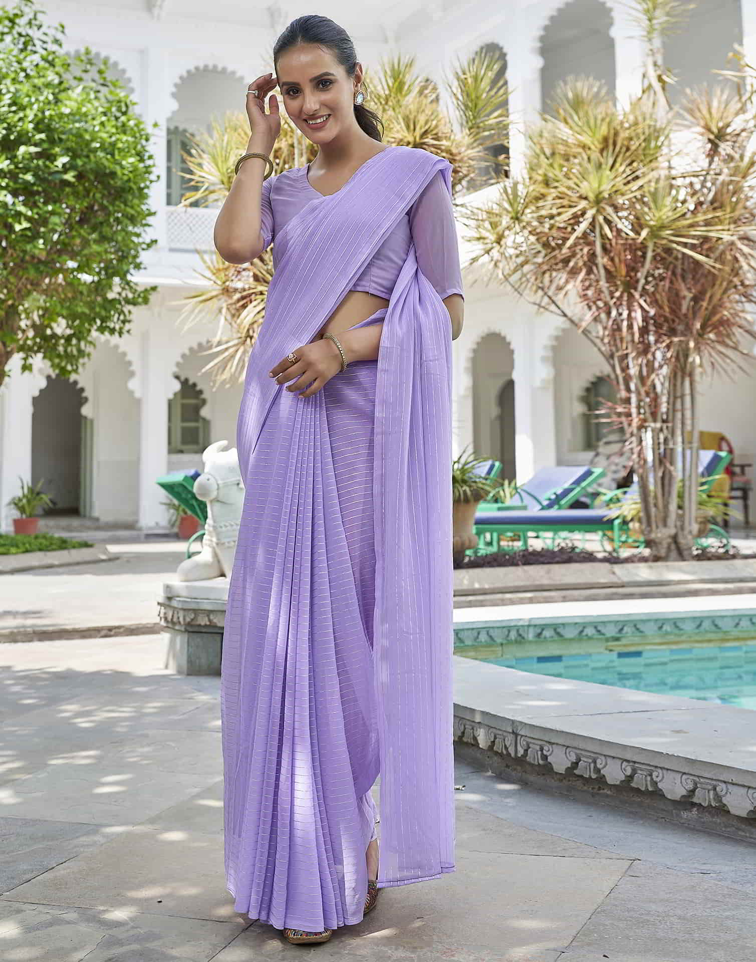 Lavender Leheriya Georgette Plain Saree