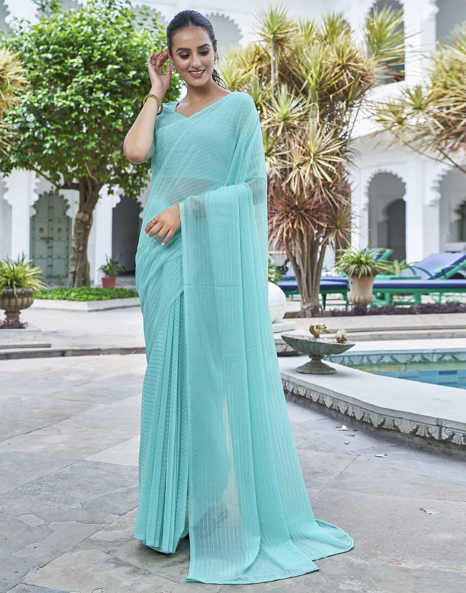 Blue Leheriya Georgette Plain Saree