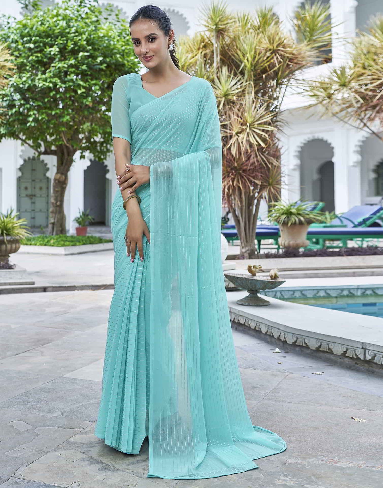 Blue Leheriya Georgette Plain Saree