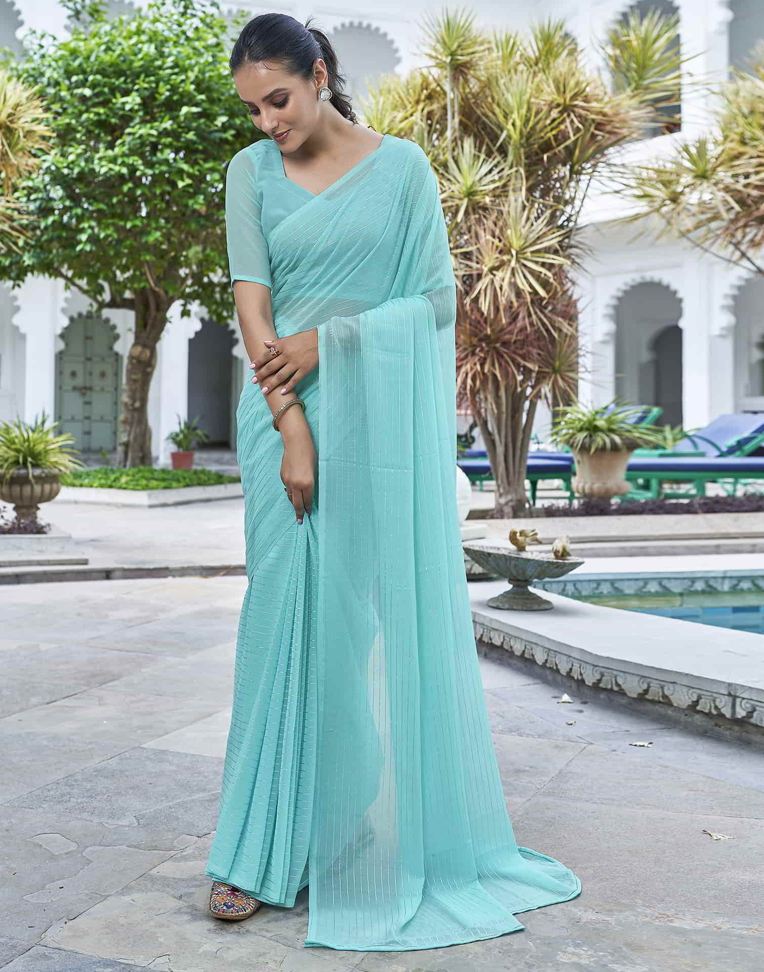 Blue Leheriya Georgette Plain Saree