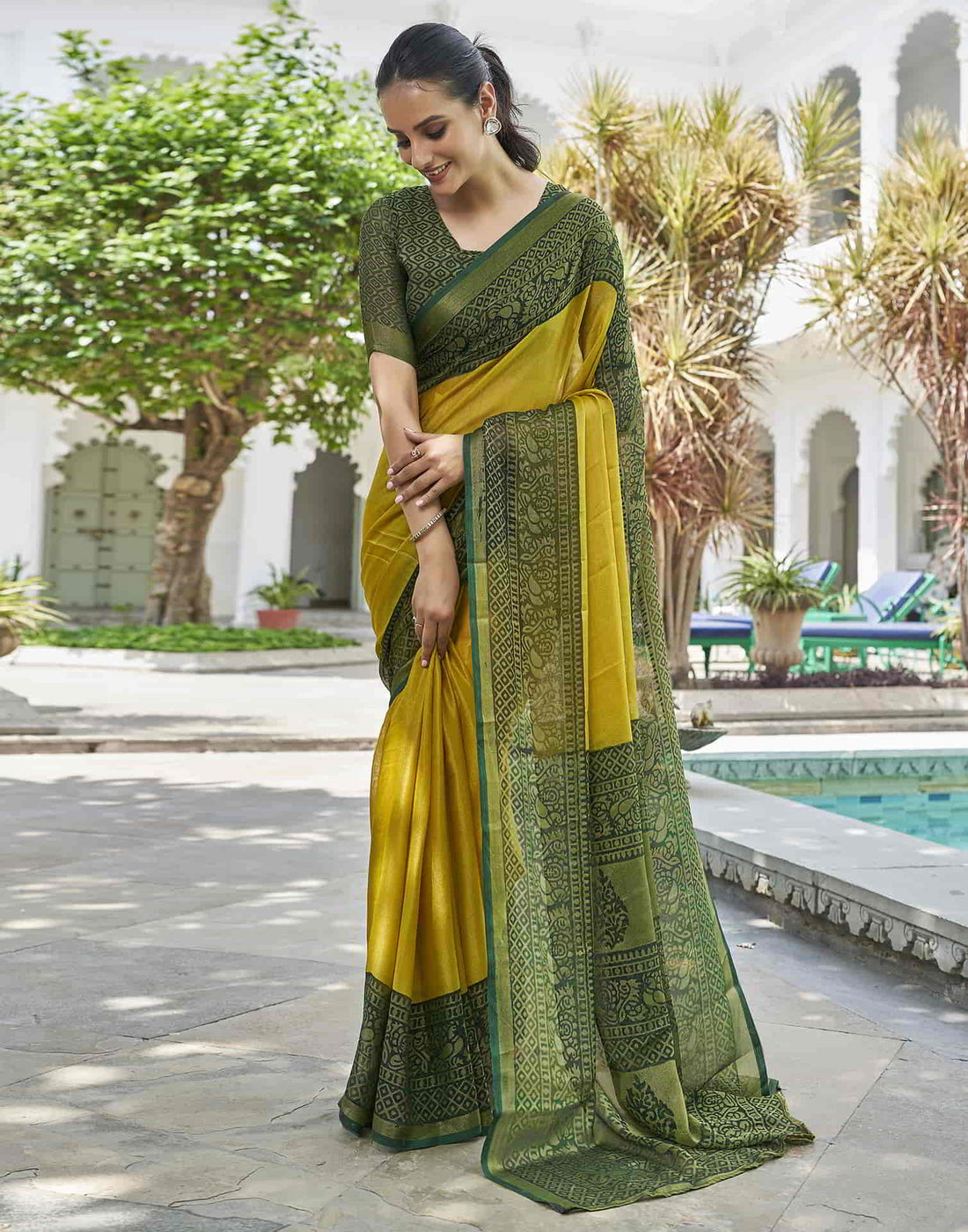 Yellow Printed Brasso Woven Saree