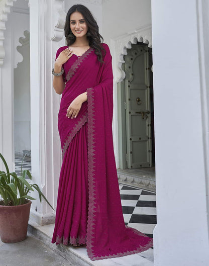 Magenta Swarovski Satin Plain Saree