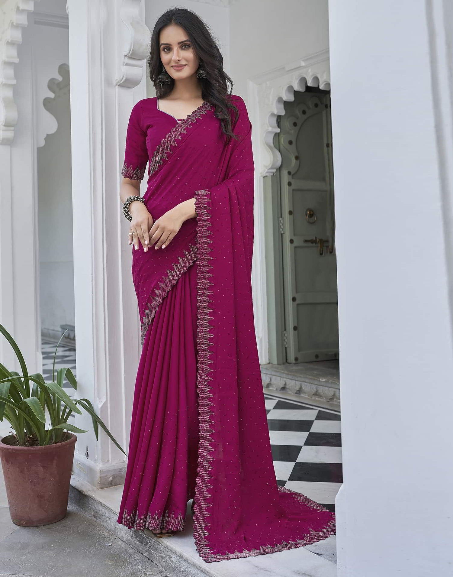 Magenta Swarovski Satin Plain Saree