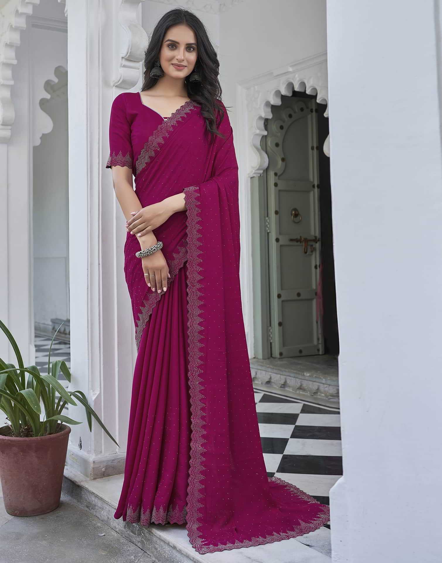 Magenta Swarovski Satin Plain Saree