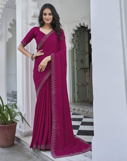 Magenta Swarovski Satin Plain Saree