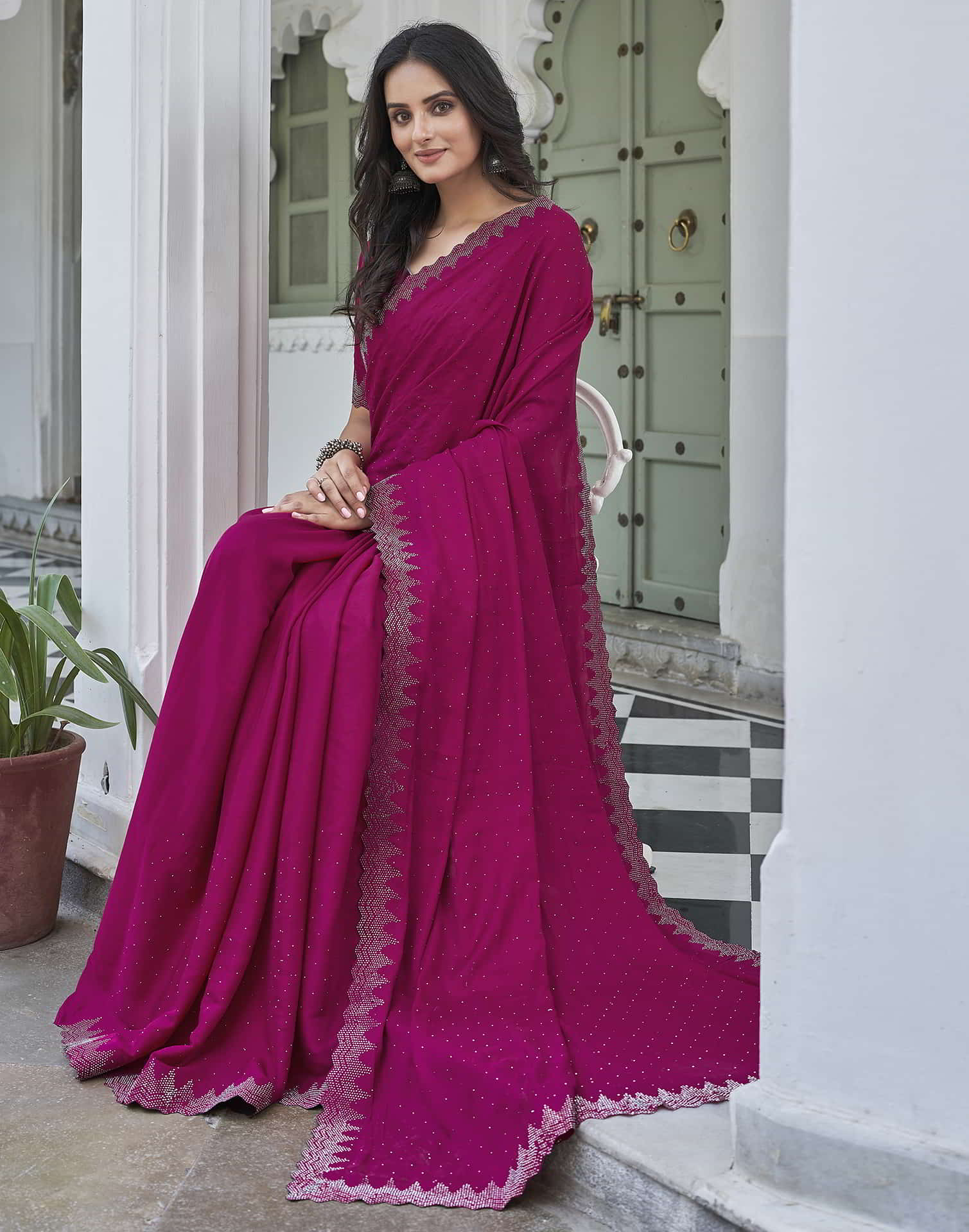 Magenta Swarovski Satin Plain Saree