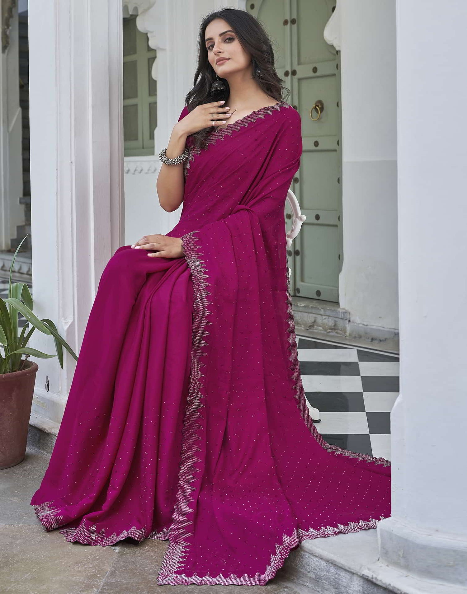 Magenta Swarovski Satin Plain Saree