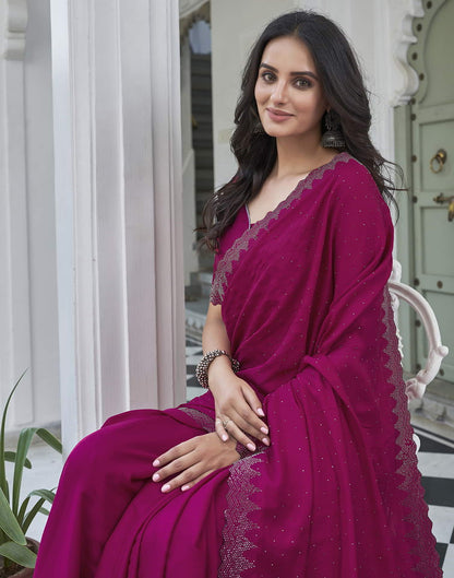 Magenta Swarovski Satin Plain Saree