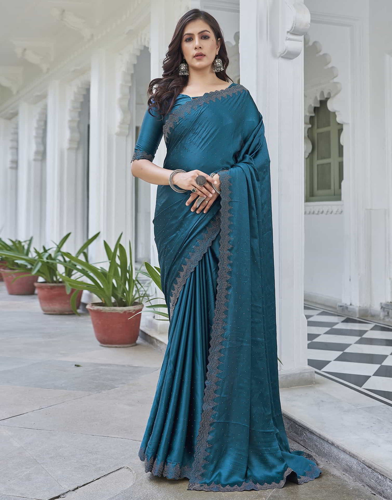 Blue Swarovski Satin Plain Saree