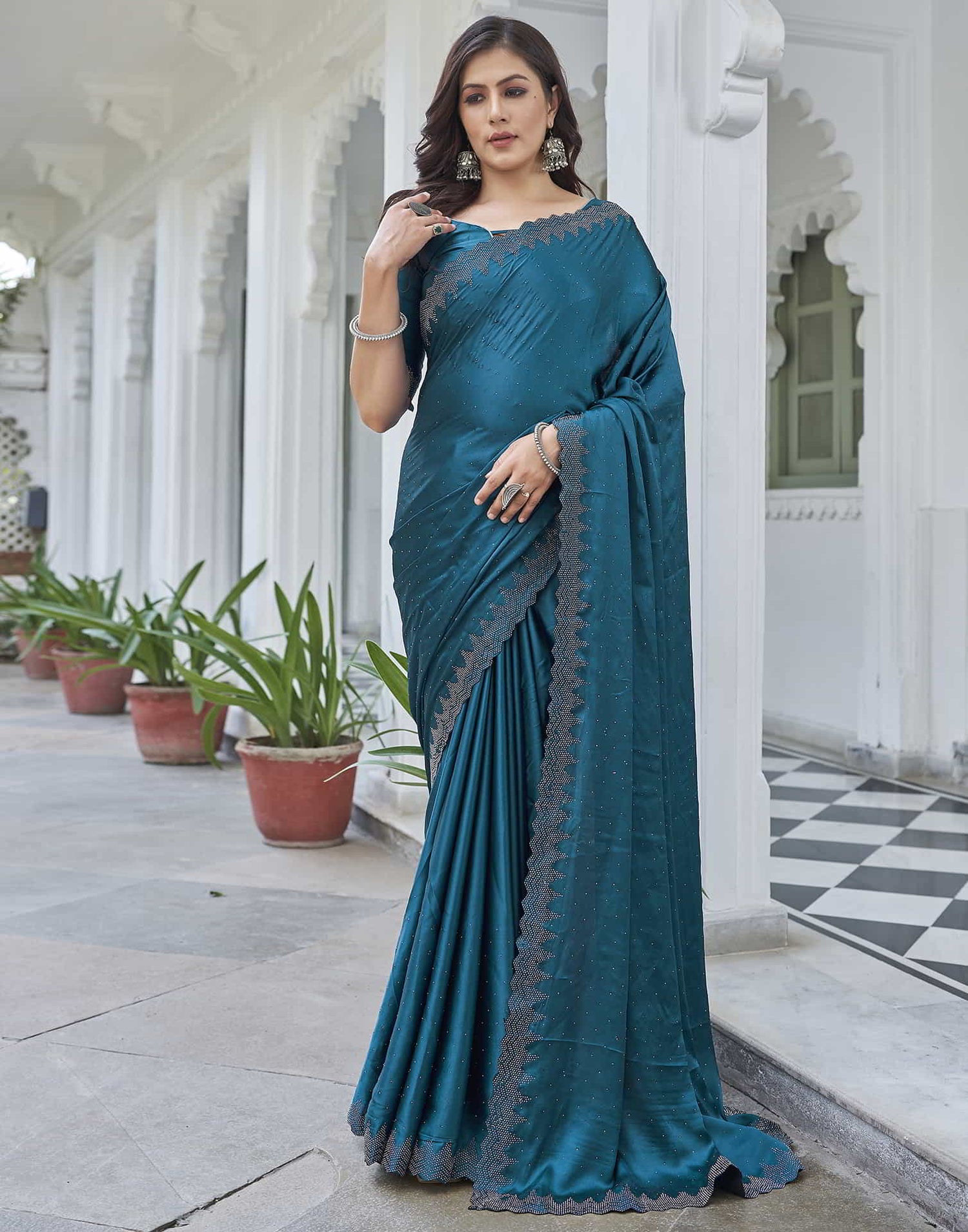 Blue Swarovski Satin Plain Saree