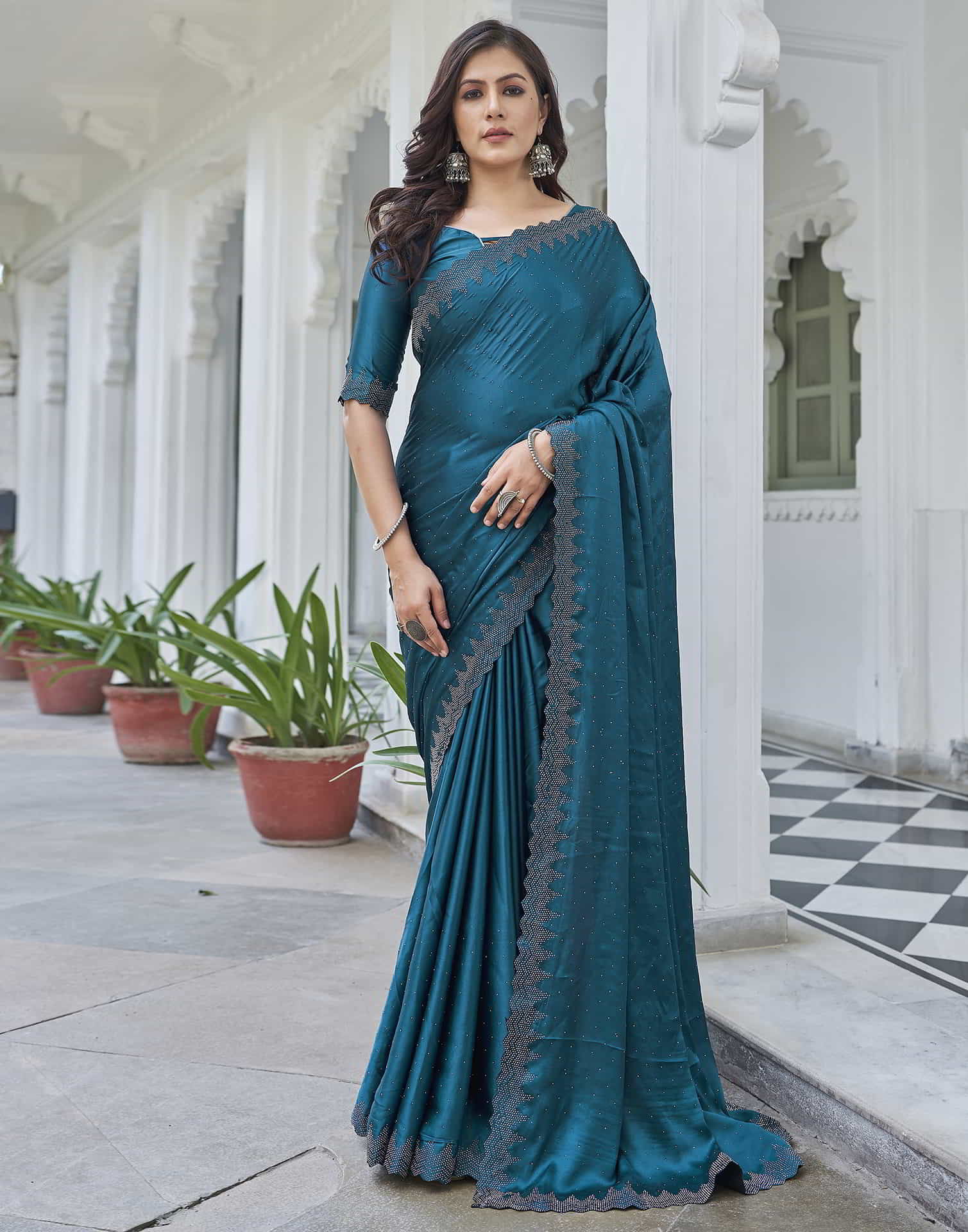 Blue Swarovski Satin Plain Saree