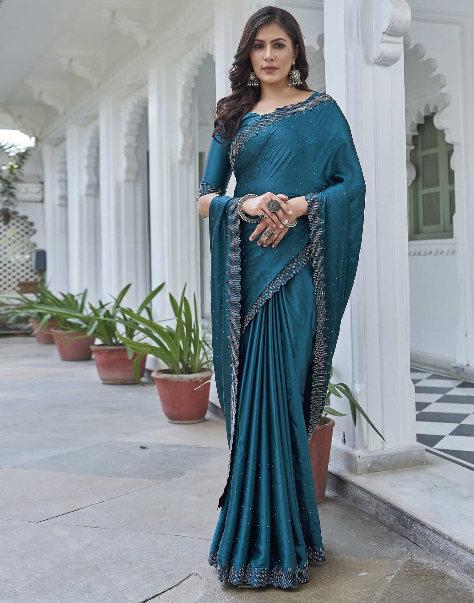 Blue Swarovski Satin Plain Saree