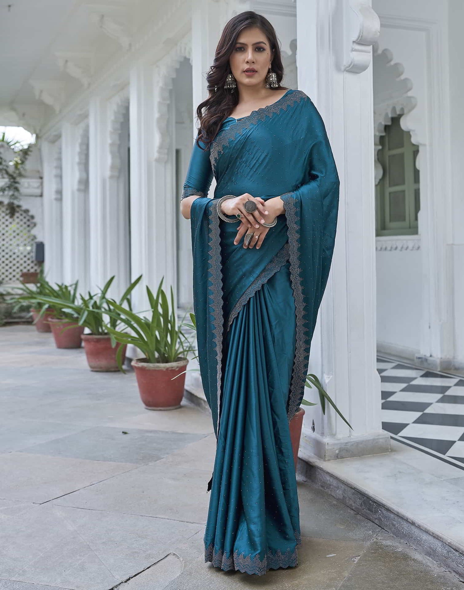 Blue Swarovski Satin Plain Saree