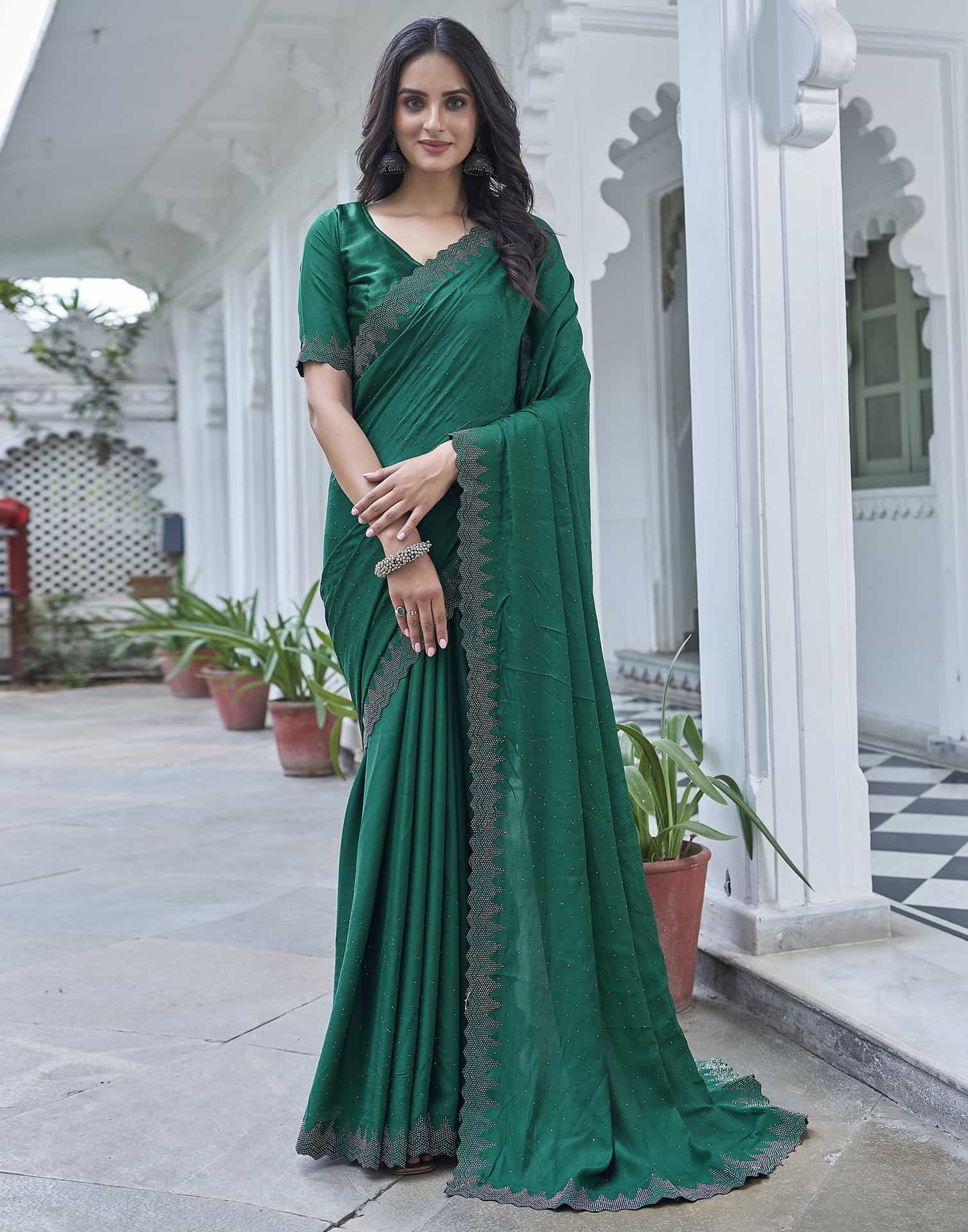 Green Swarovski Satin Plain Saree