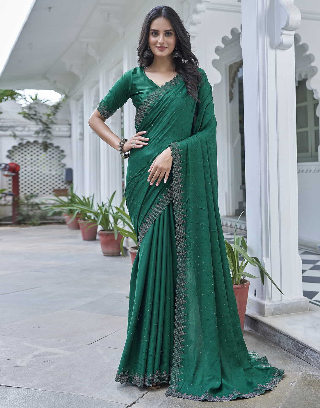 Green Swarovski Satin Plain Saree