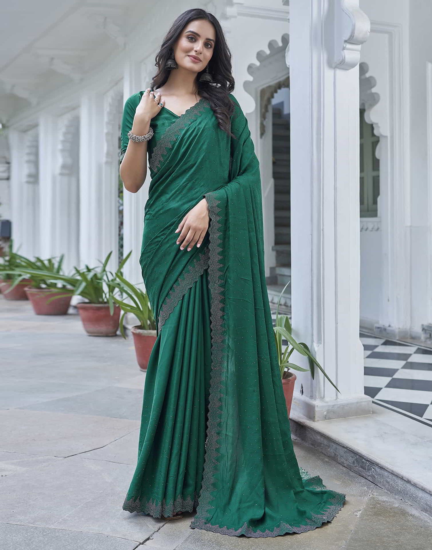 Green Swarovski Satin Plain Saree