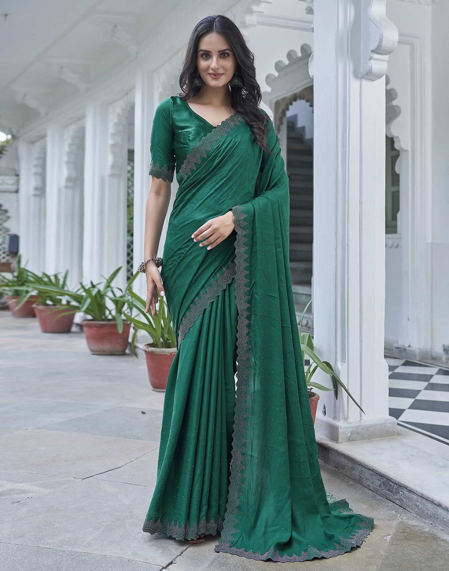 Green Swarovski Satin Plain Saree