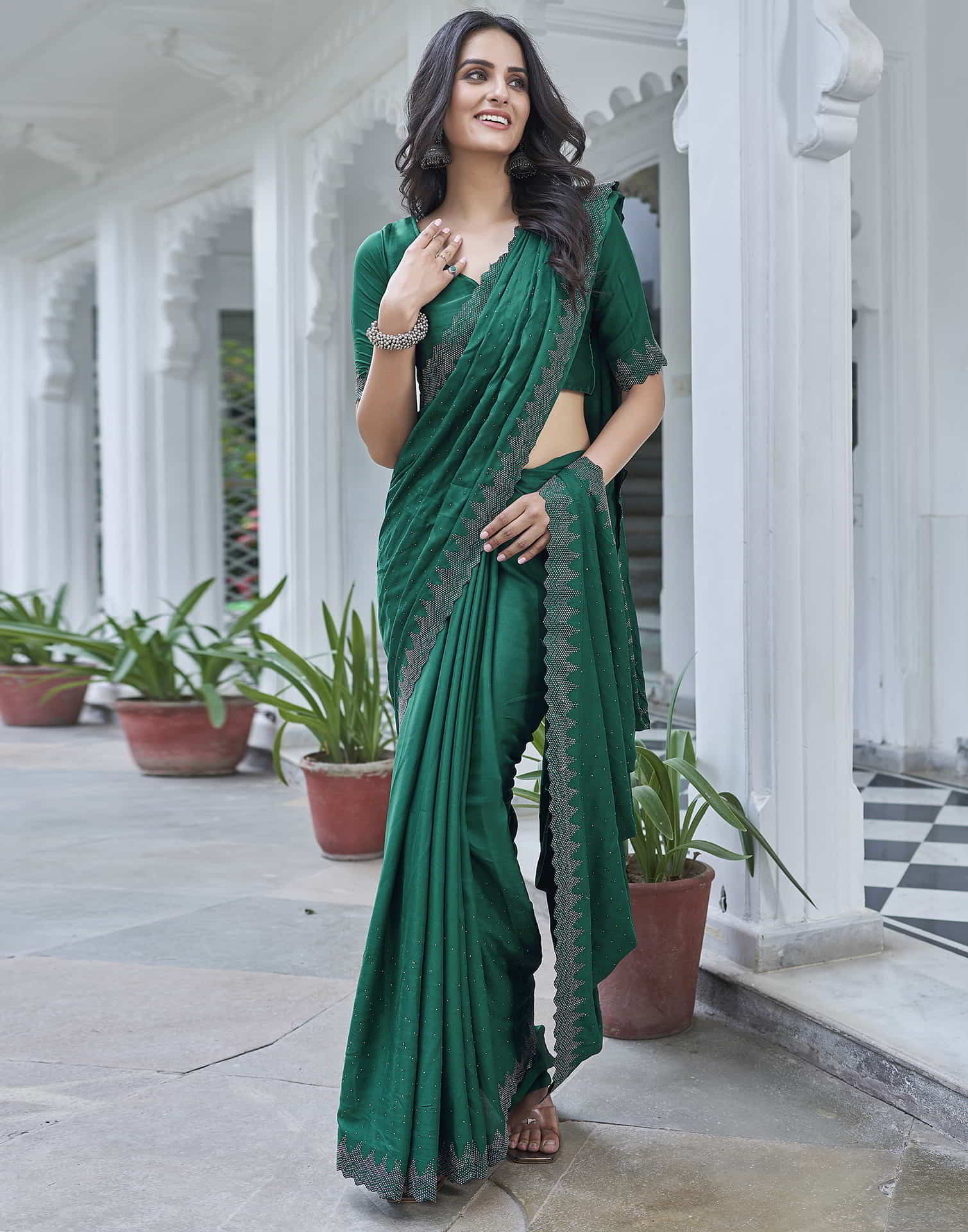 Green Swarovski Satin Plain Saree