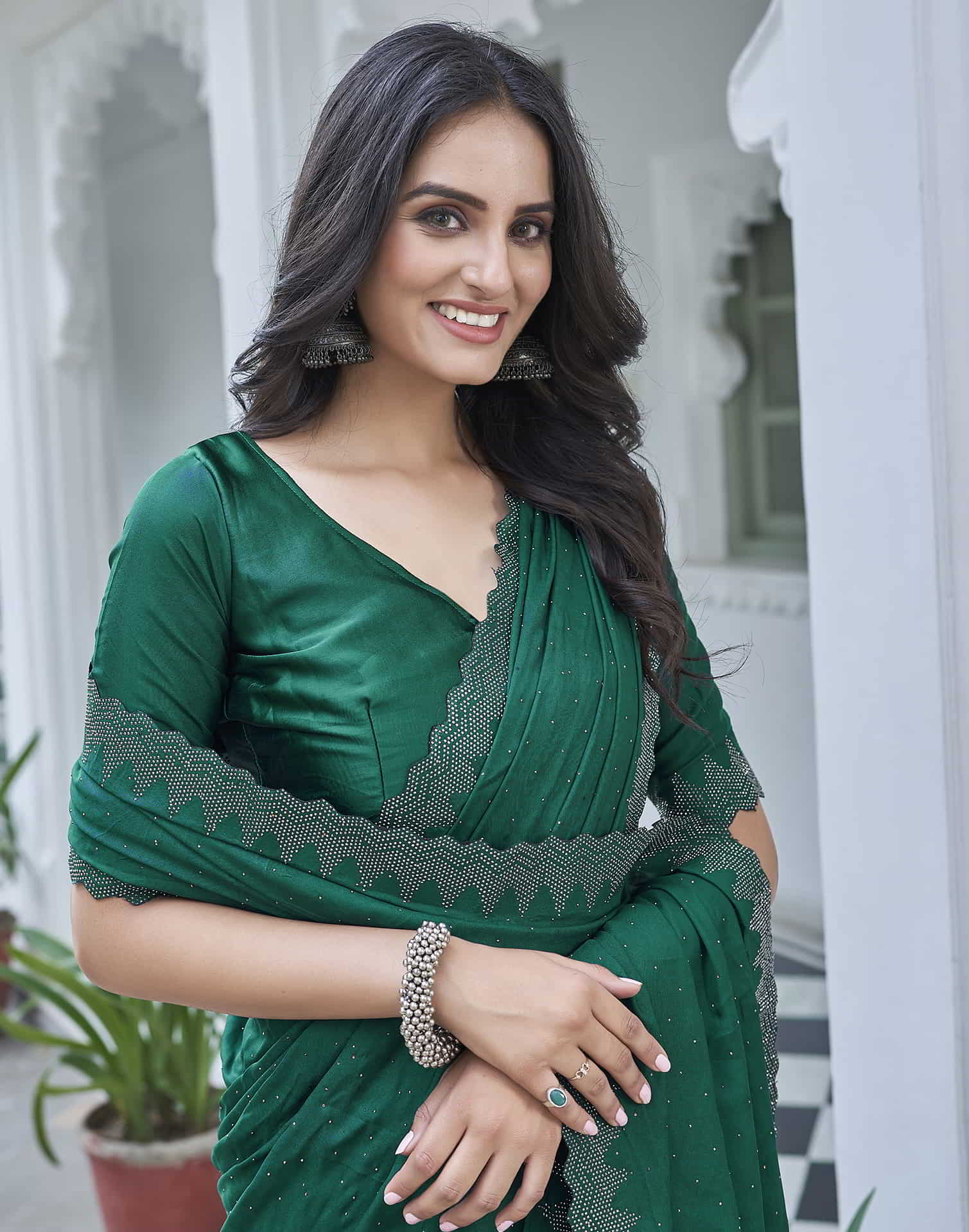 Green Swarovski Satin Plain Saree